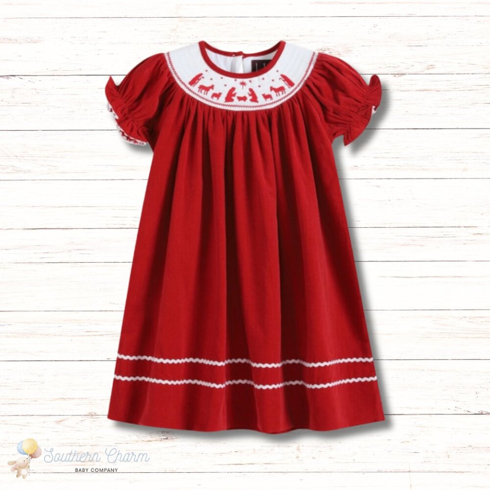 Smocked Dress Nativity Scene Red Corduroy Christmas Kids Dress